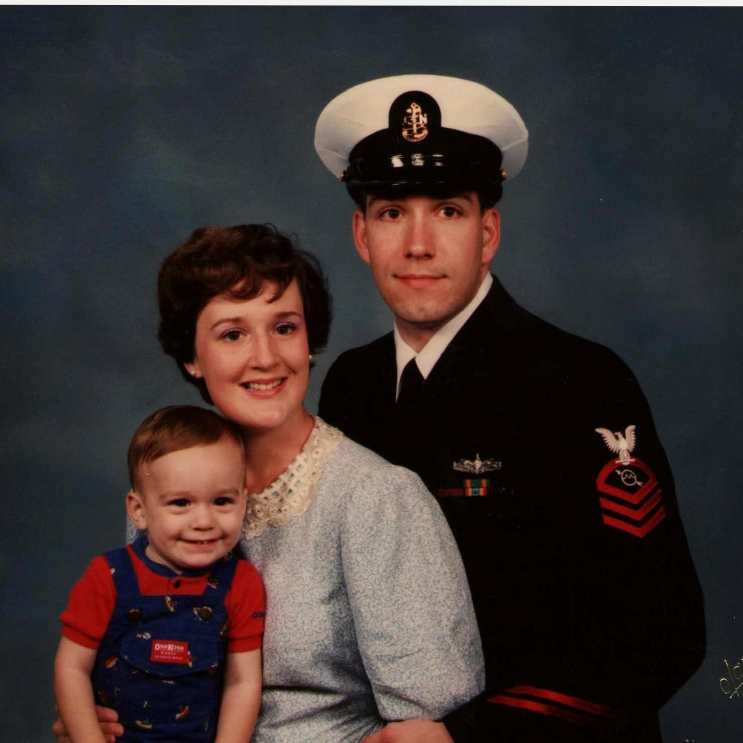 Navy family portrait: Matt in dress uniform with Deborah and their son